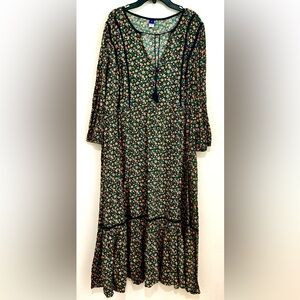 New 3X Long Sleeve Floral Maxi Dress Old Navy Black Plus Size
